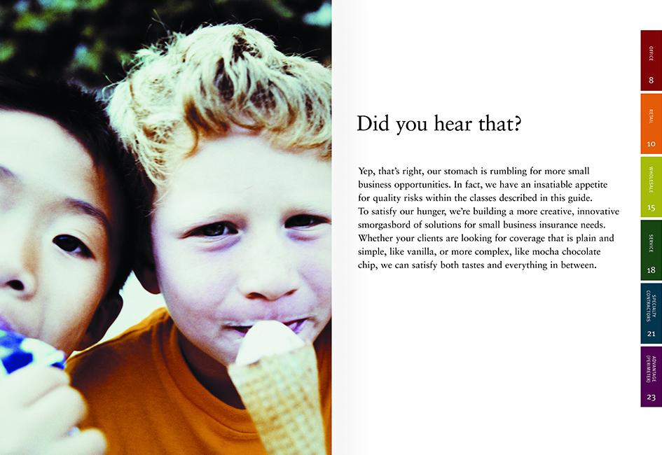 Close up teaser image showing two boys eating ice cream and text from an insurance "appetite" brochure designed by Carolyn Porter of Porterfolio, Inc. for Travelers Insurance.