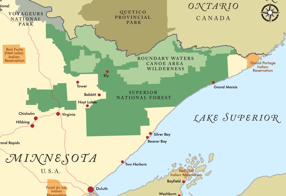 Close up teaser image of map designed by Carolyn Porter of Porterfolio, Inc. showing Boundary Waters Canoe Area Wilderness. The illustration was used in the "state of the Boundary Waters" report published by The Friends of the Boundary Waters Wilderness