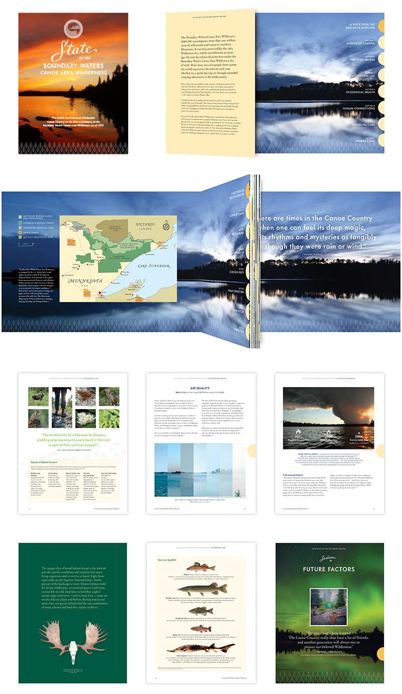 Collage of select pages from report of "State of the Boundary Waters Canoe Area Wilderness" for The Friends of the Boundary Waters Wilderness, designed by Carolyn Porter of Porterfolio, Inc.