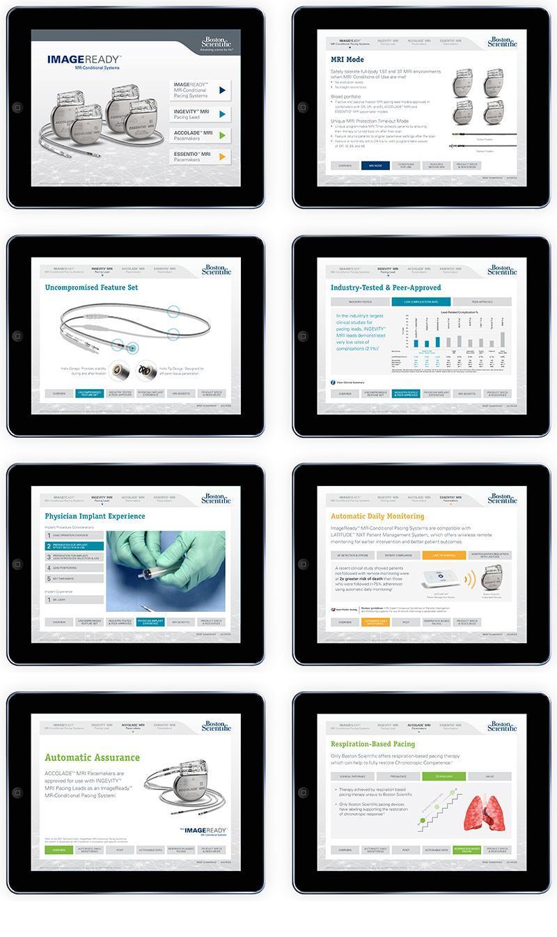 Eight sample pages from Boston Scientific's ImageReady iPad App, designed by graphic designer Carolyn Porter of Porterfolio, Inc.