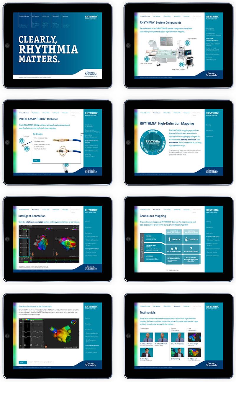 Eight sample pages from Boston Scientific's Rhythmia iPad App, designed by Carolyn Porter of Porterfolio, Inc.