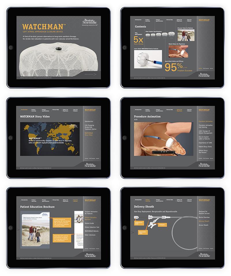 Six sample pages from Boston Scientific's Watchman iPad App, designed by Carolyn Porter of Porterfolio, Inc.