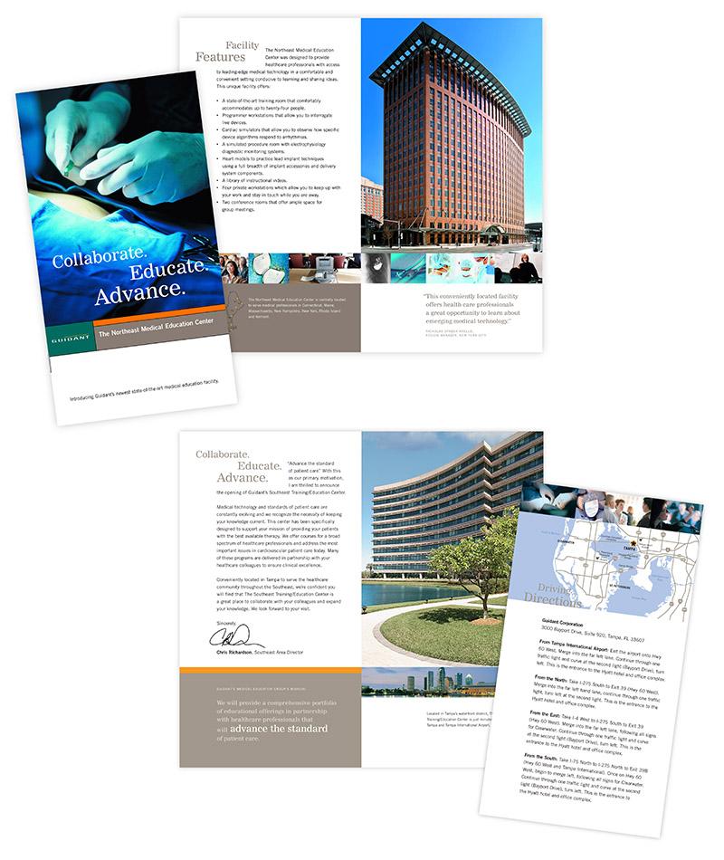 Collage of pages from a brochure for Boston Scientific promoting their new state-of-the-art medical education facility, designed by Carolyn Porter of Porterfolio, Inc.