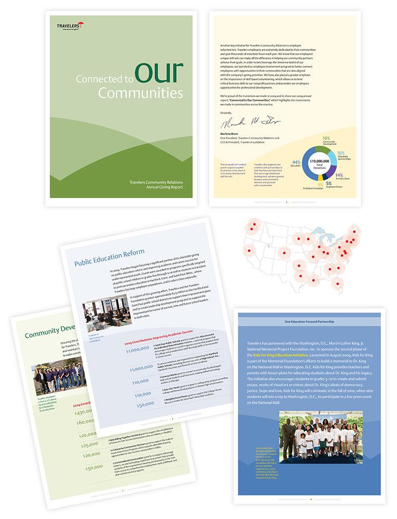Collage of pages showing Travelers Community Relations Annual Giving Report, designed by Carolyn Porter of Porterfolio, Inc.