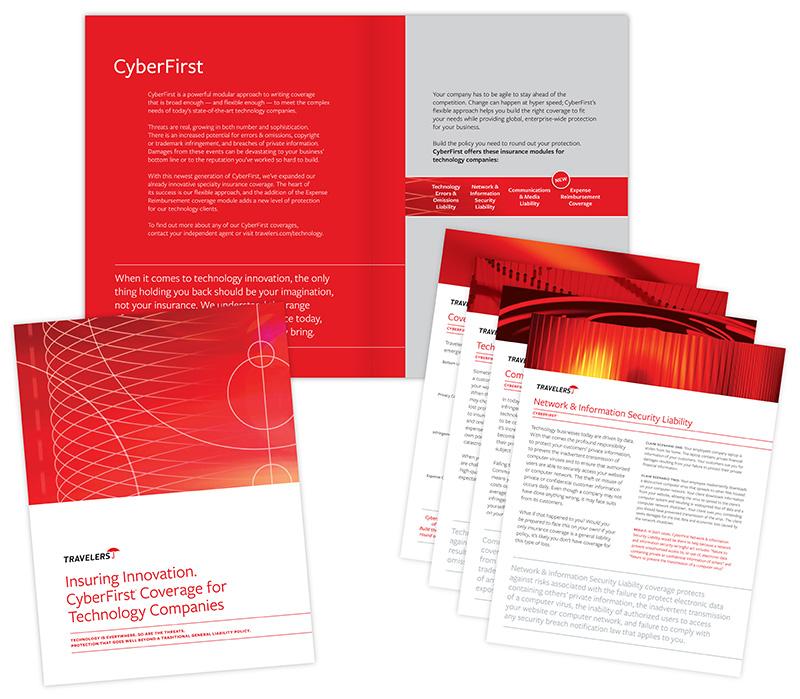 Collage of pages showing folder and inserts for Travelers Insurance "CyberFirst" coverage for Technology Companies, designed by Carolyn Porter of Porterfolio, Inc.