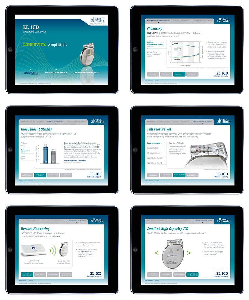 Six sample pages from Boston Scientific's EL-ICD iPad App, designed by Carolyn Porter of Porterfolio, Inc.
