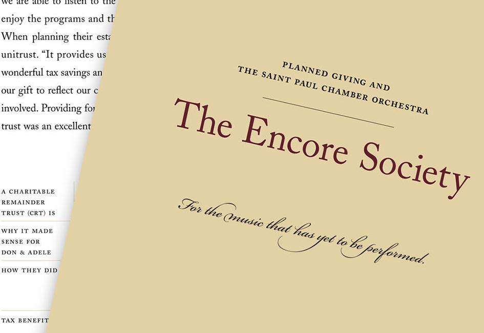 Close up teaser image of cover of The Encore Society brochure, with the headline "for the music that has yet to be performed." Brochure designed by Carolyn Porter of Porterfolio, Inc. for The Saint Paul Chamber Orchestra.