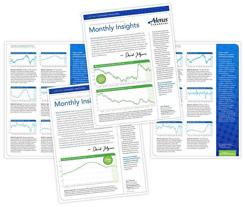 Collage of pages showing monthly Alerus' monthly economic indicator report, produced by Carolyn Porter of Porterfolio, Inc.