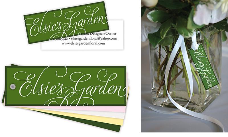 Collage of images showing logo for Elsie's Garden floral design studio, designed by Carolyn Porter of Porterfolio, Inc.