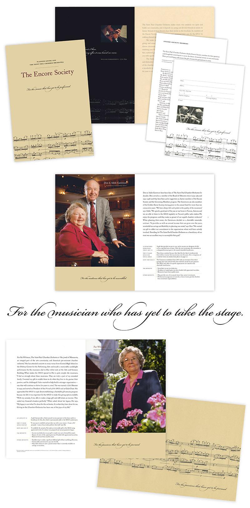 Collage of pages showing "The Encore Society" brochure designed for The Saint Paul Chamber Orchestra by Carolyn Porter of Porterfolio, Inc.