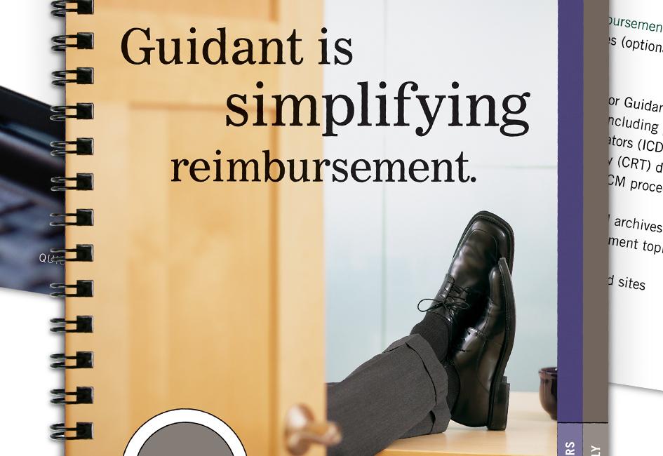 Close up teaser image of "Guidepoint" brochure with headline "Guidant is simplifying reimbursement" designed by Carolyn Porter of Porterfolio, Inc. for Guidant. The photo shows a business man's shoes resting on a desktop.