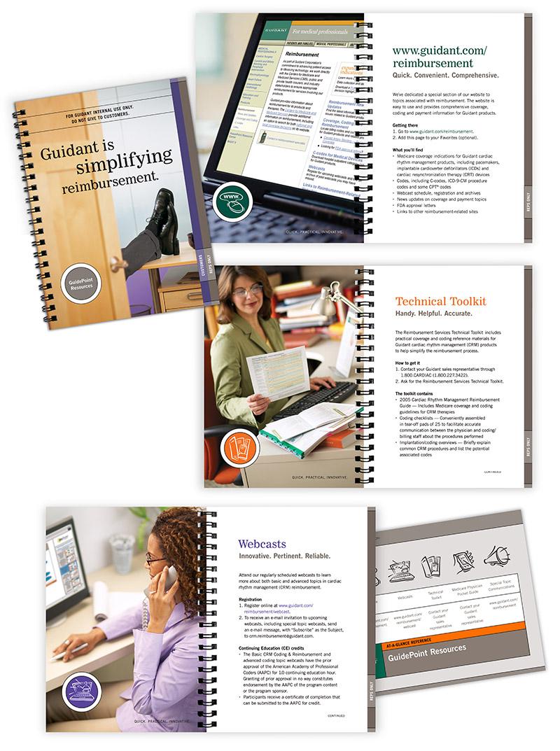Collage of images showing pages of Guidant's "GuidePoint" reimbursement program, designed by Carolyn Porter of Porterfolio, Inc.