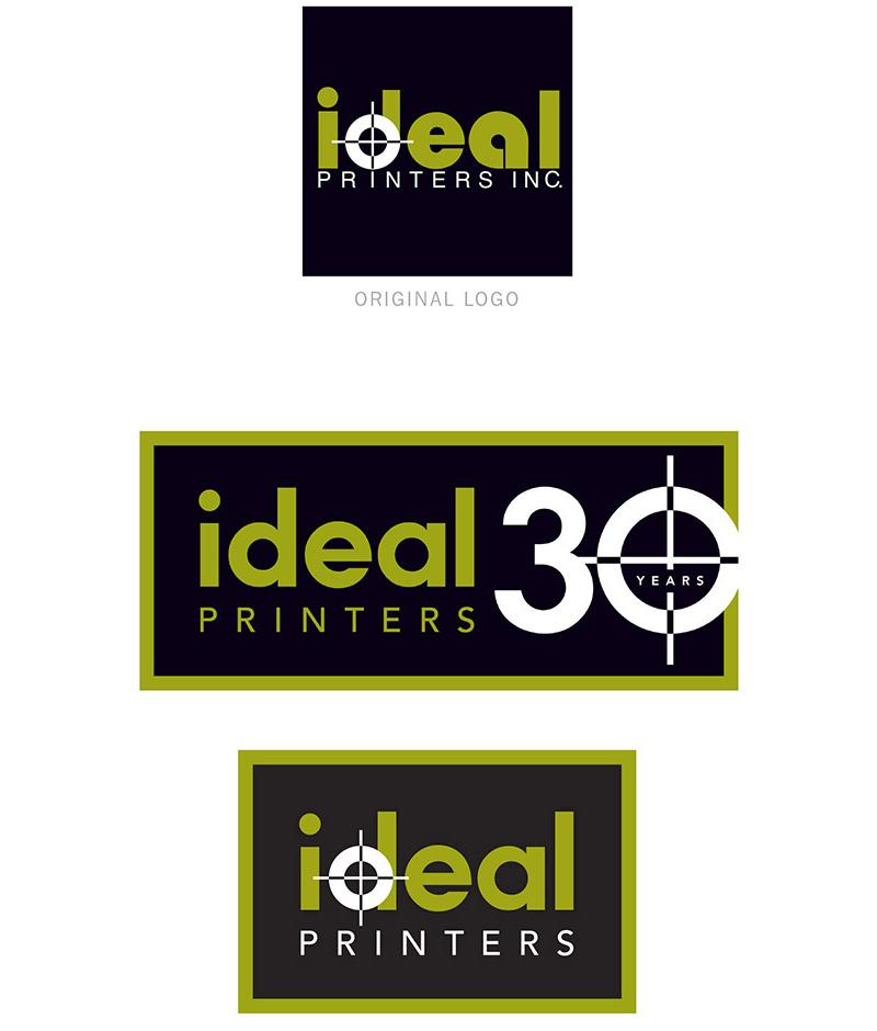 Image showing Ideal Printers original logo, and the 30 Year anniversary logo designed by Carolyn Porter of Porterfolio, Inc.