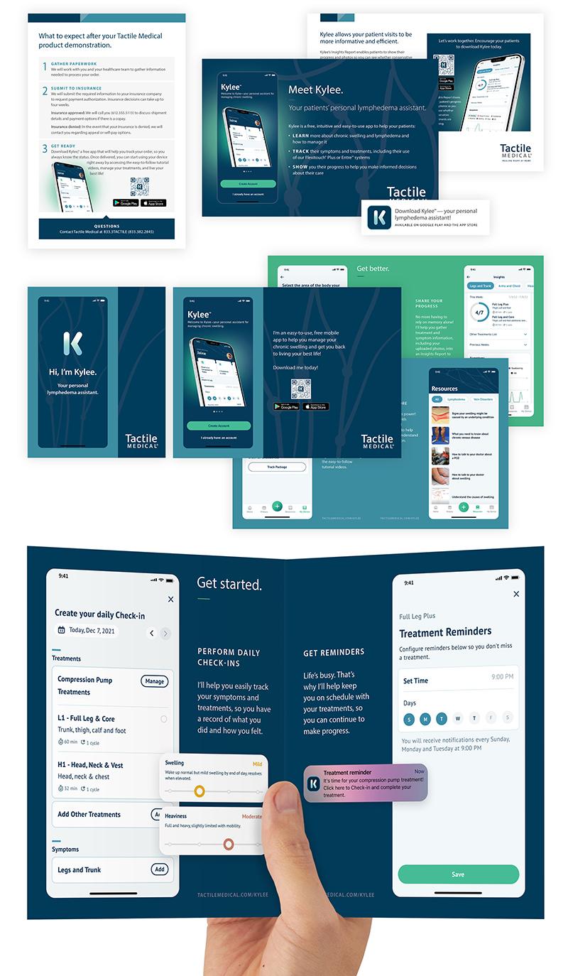 Collage of collateral for Tactile Medical's launch of the Kylee Personal Lymphedema app, designed by Carolyn Porter of Porterfolio, Inc.