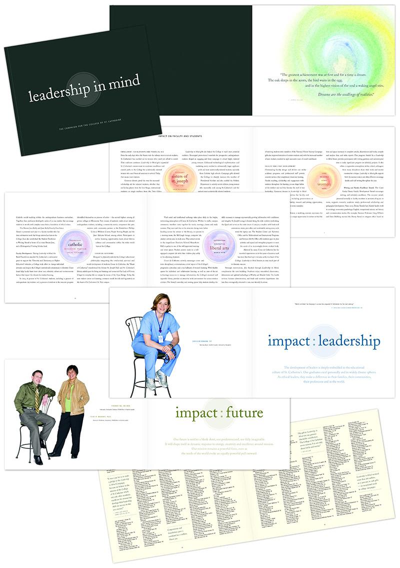 Collage of pages from St. Kate's "Leadership in Mind" brochure designed by Carolyn Porter of Porterfolio, Inc.