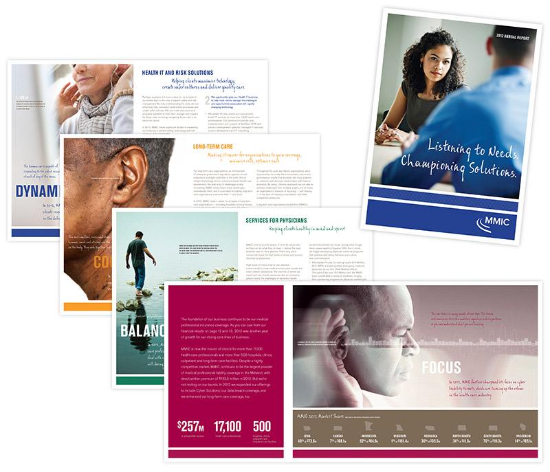Collage of pages showing annual report from MMIC, designed by Carolyn Porter of Porterfolio, Inc.