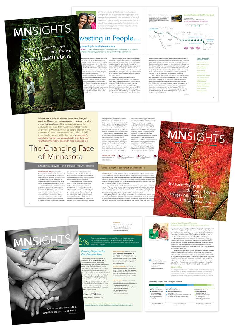 Collage of images showing pages from MNSights magazine, designed by Carolyn Porter of Porterfolio for The Saint Paul Foundation