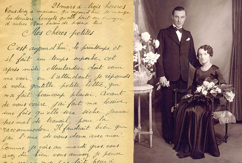 Image of Marcel and Renee Meuzé, along with an image of one of his beautiful handwritten letters, which were mailed from a Nazi labor camp during WWII