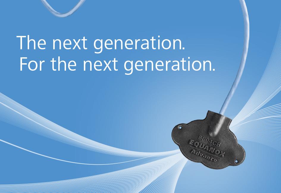 Close up teaser image showing EQUANOX oximetry device and headline "The next generation. For the next generation." designed by Carolyn Porter of Porterfolio, Inc. for Nonin, Inc.