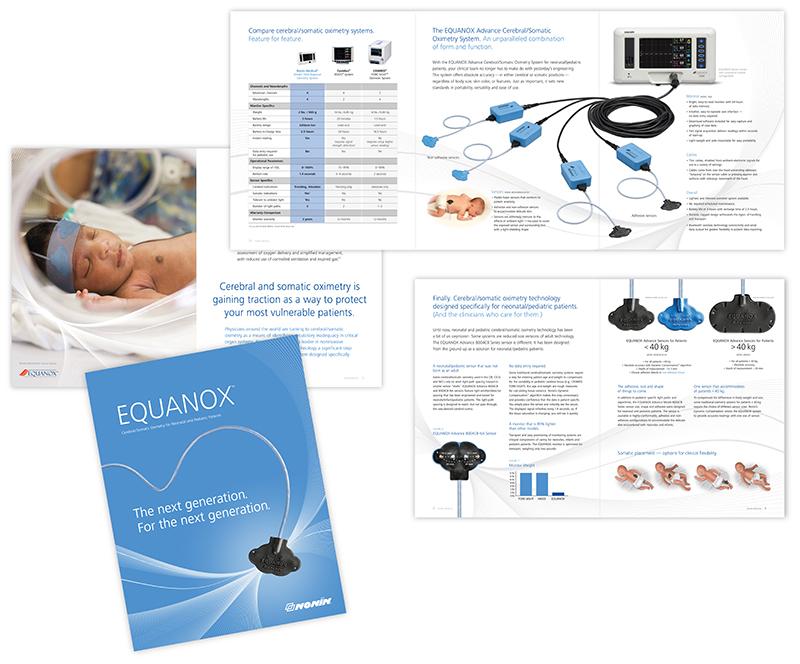 Sample layouts from a brochure promoting the EQUANIX oximetry lead by Nonin, designed by Carolyn Porter of Porterfolio, Inc.