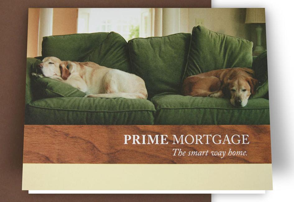 Close up teaser image showing two dogs napping on a green couch. The piece was part of a suite of marketing materials designed by Carolyn Porter of Porterfolio, Inc. for Prime Mortgage