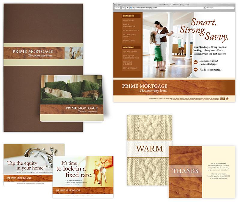 Collage of images showing materials designed for Prime Mortgage by Carolyn Porter of Porterfolio, Inc.