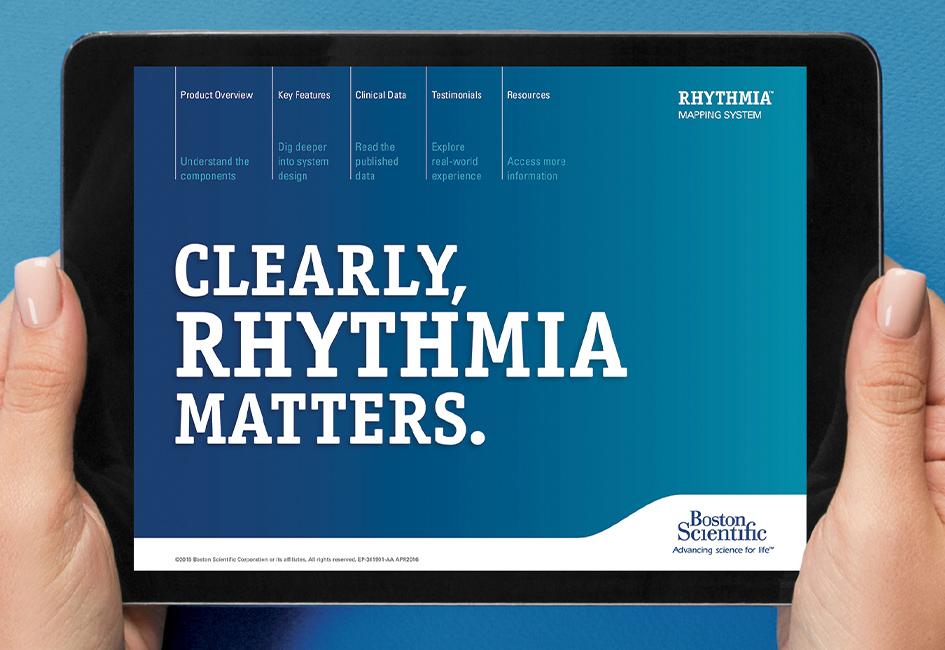 Close up teaser image of two hands holding an iPad showing the cover of the RHYTHMIA app, designed by Carolyn Porter of Porterfolio, Inc. for Boston Scientific