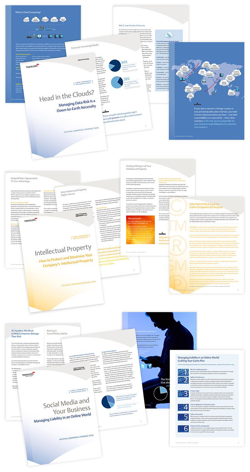 Sample layouts of Risk Advisor White paper publications for Travelers Insurance, designed by Carolyn Porter of Porterfolio, Inc.