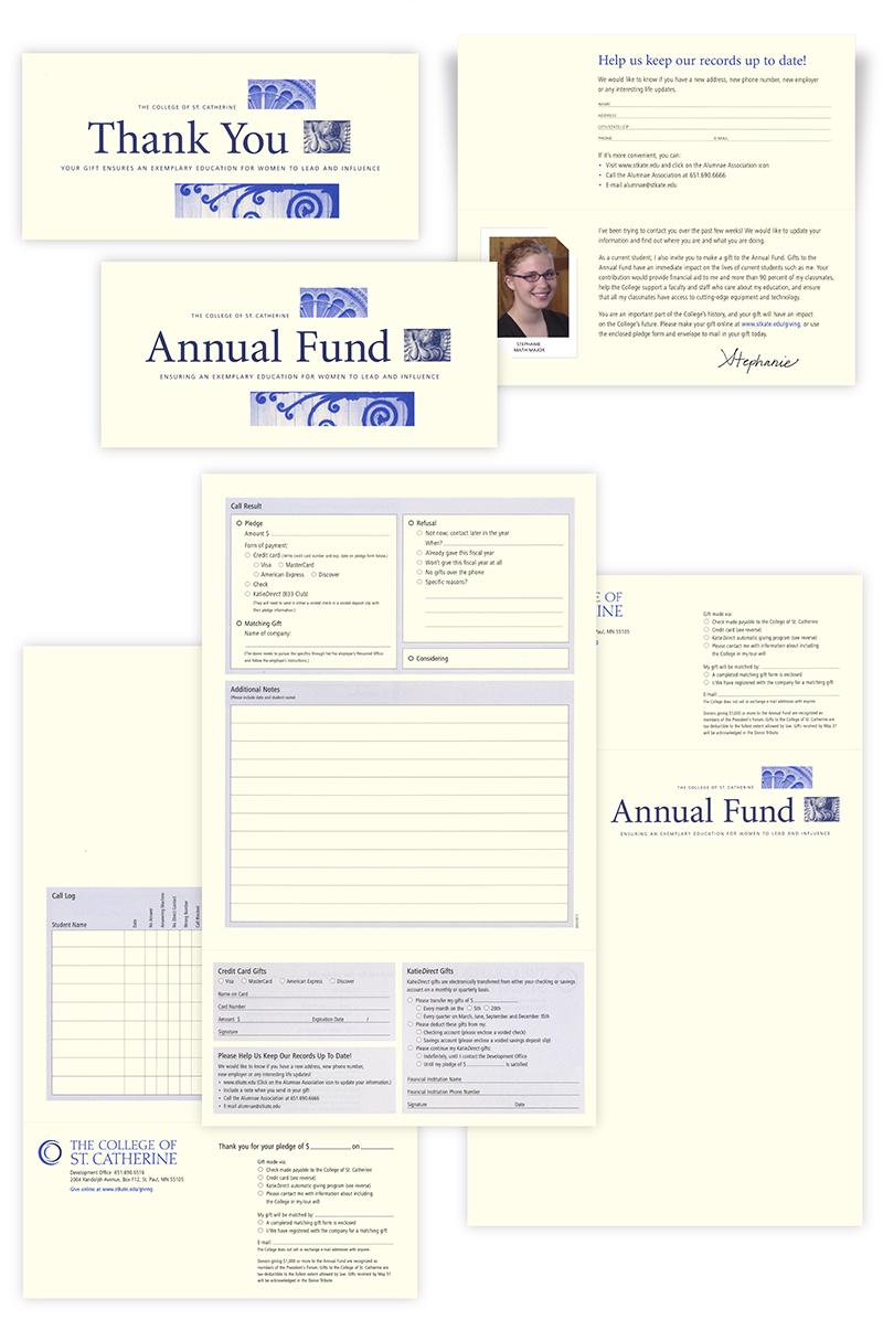 A collage of pages designed to support St. Kate's annual fundraising materials, designed by Carolyn Porter of Porterfolio, Inc.
