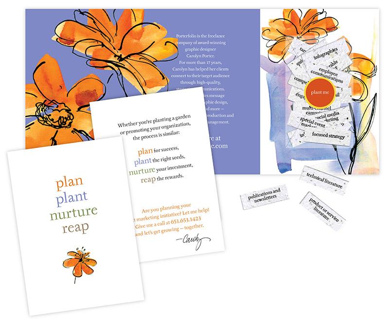 Collage of pages showing custom marketing mailer promoting services of graphic designer Carolyn Porter of Porterfolio, Inc. The promotion includes paper with wildflower seeds embedded into the paper; the goal was to help clients plant seeds for future success.