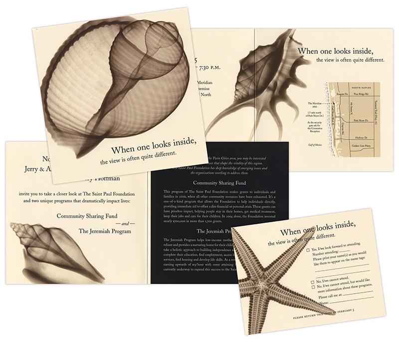 Collage of pages for fundraising event, designed by Carolyn Porter of Porterfolio, Inc. for The Saint Paul Foundation. The materials include x-ray images of seashells.