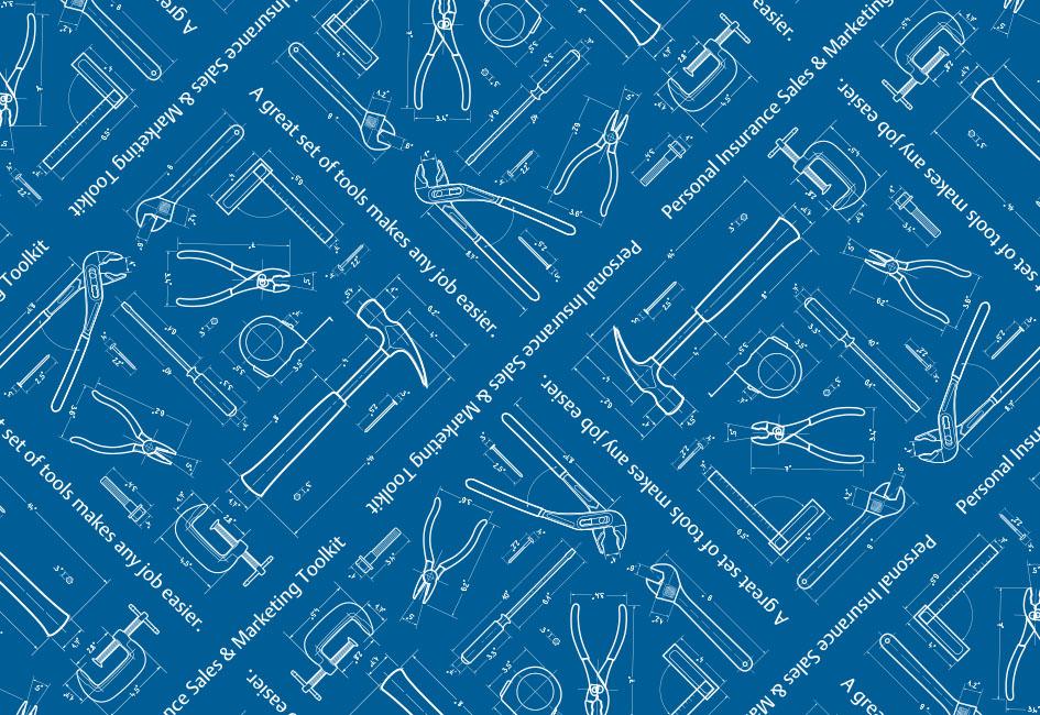 Close up teaser image in an architectural blueprint style showing hardware tools; the illustration was used in a marketing brochure designed by Carolyn Porter of Porterfolio, Inc. for Travelers Insurance