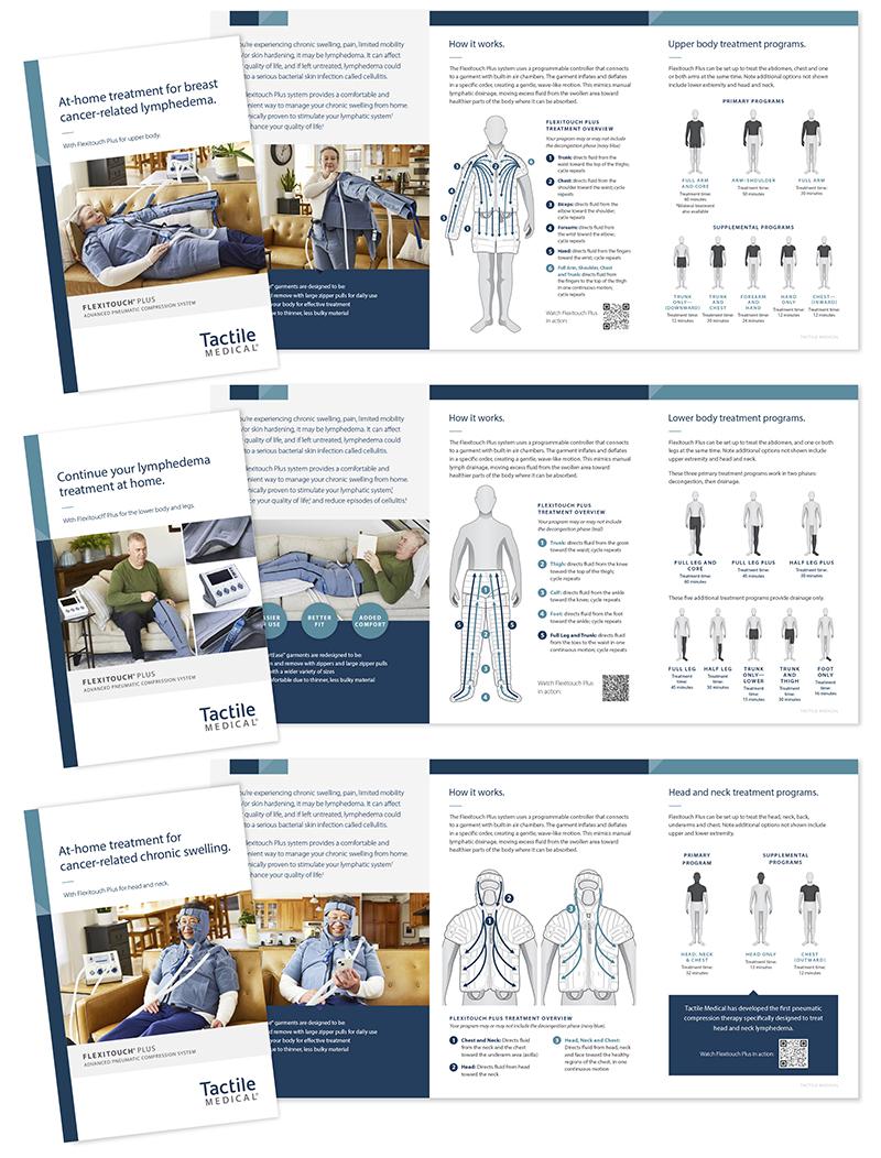 A collage of brochures for Tactile Medical, designed by Carolyn Porter of Porterfolio, Inc.