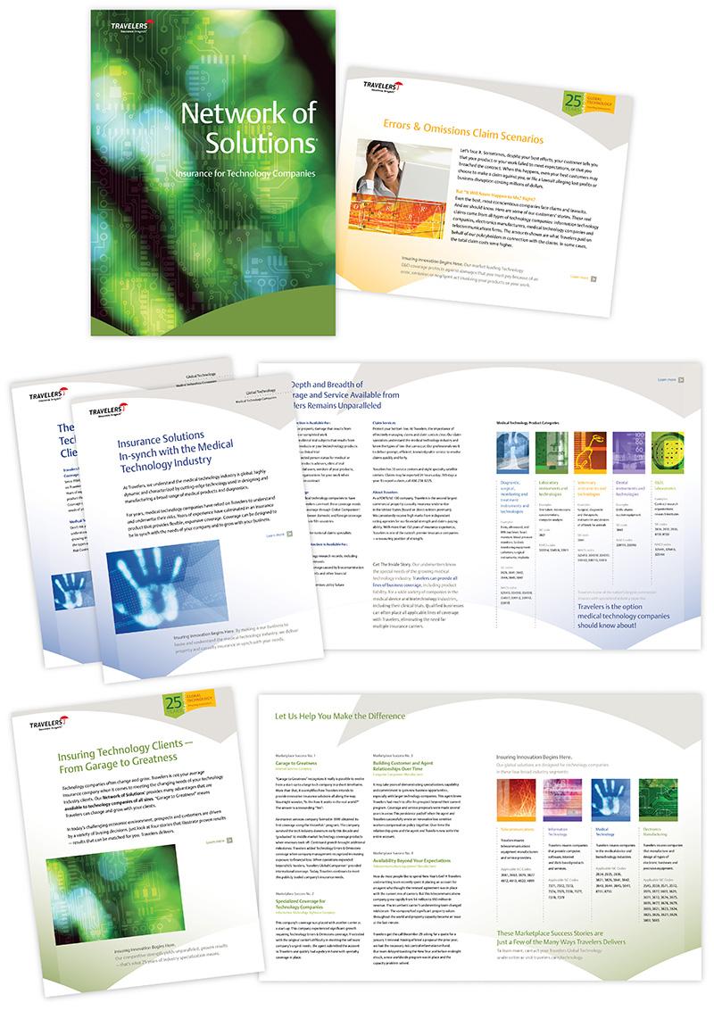 Collage of images showing materials created using a new look Carolyn developed for the global technology group at Travelers. Materials created for this business line were identifiable by color, page layout and photographic styling.