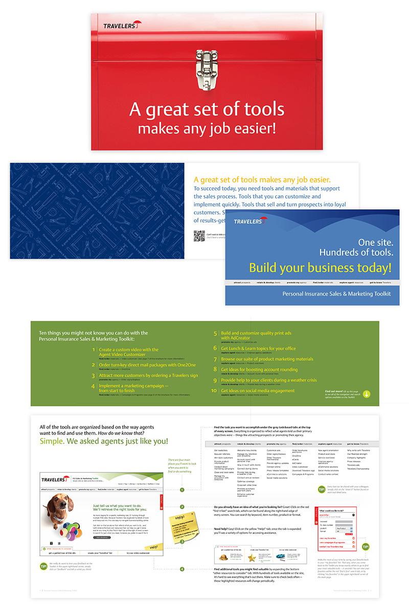 Sample layouts of a sales rep toolkit for Travelers Insurance, designed by Carolyn Porter of Porterfolio, Inc. The kit appears like a red metal tool box but held brochures and other informational literature.