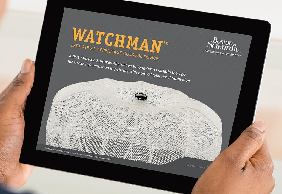 Close up teaser image of someone holding an iPad showing the WATCHMAN product, designed by Carolyn Porter of Porterfolio, Inc. for Boston Scientific