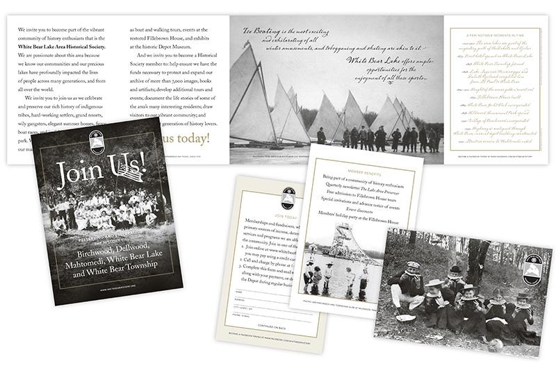 Collage of pages from White Bear Lake Historical Society's membership brochure, designed by Carolyn Porter of Porterfolio, Inc.