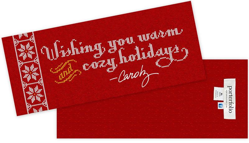 Image of holiday card with greeting "Wishing you warm and cozy holidays." The image is made of thousands of faux knitted stitches. Designed by Carolyn Porter of Porterfolio, Inc.